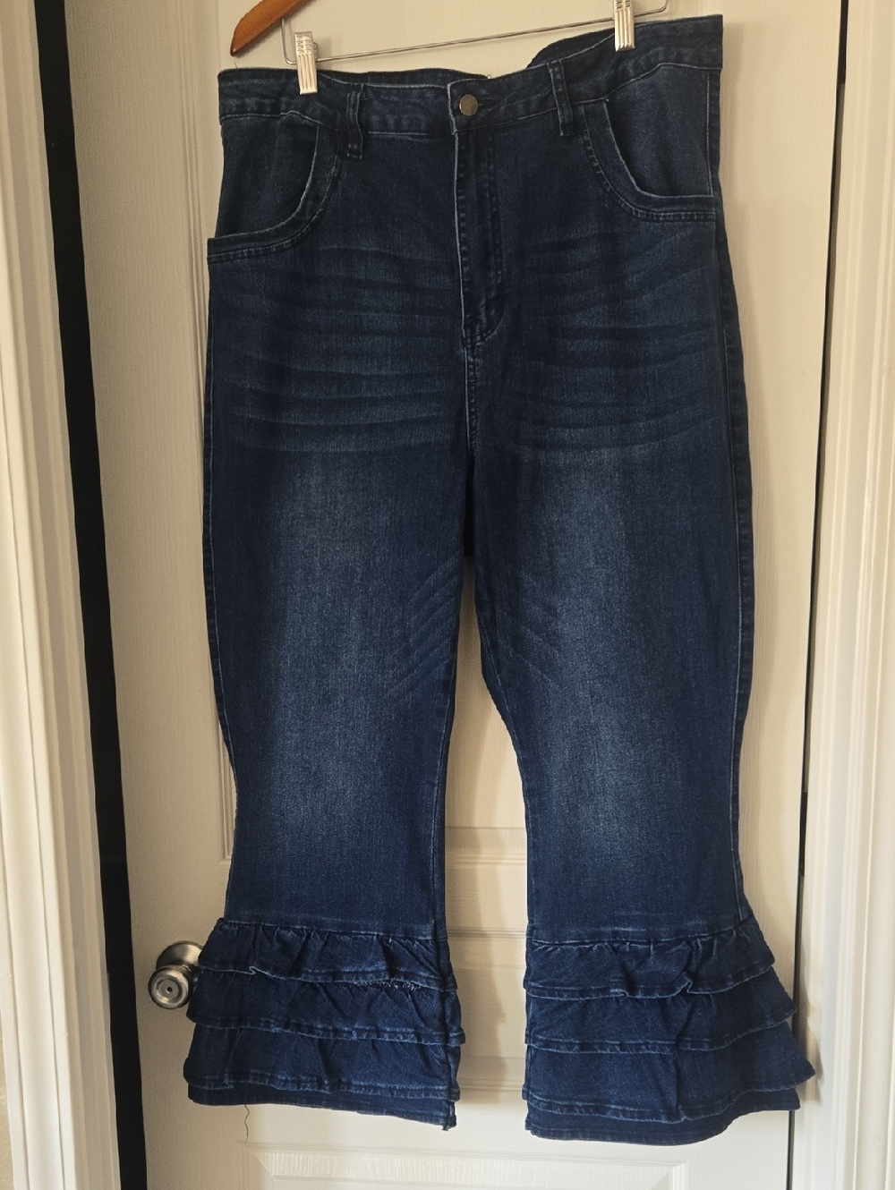 Fashion Nova Dark Blue Ruffle-Hem Wide Leg Jeans